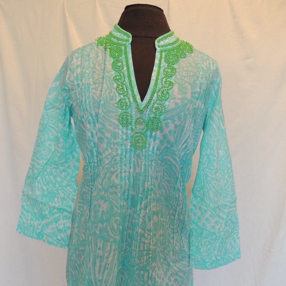 Lilly Pulitzer Tops - New Lilly Pulitzer Sz S Sarasota Tunic Beaded Neck Pintuck Pleats Cotton